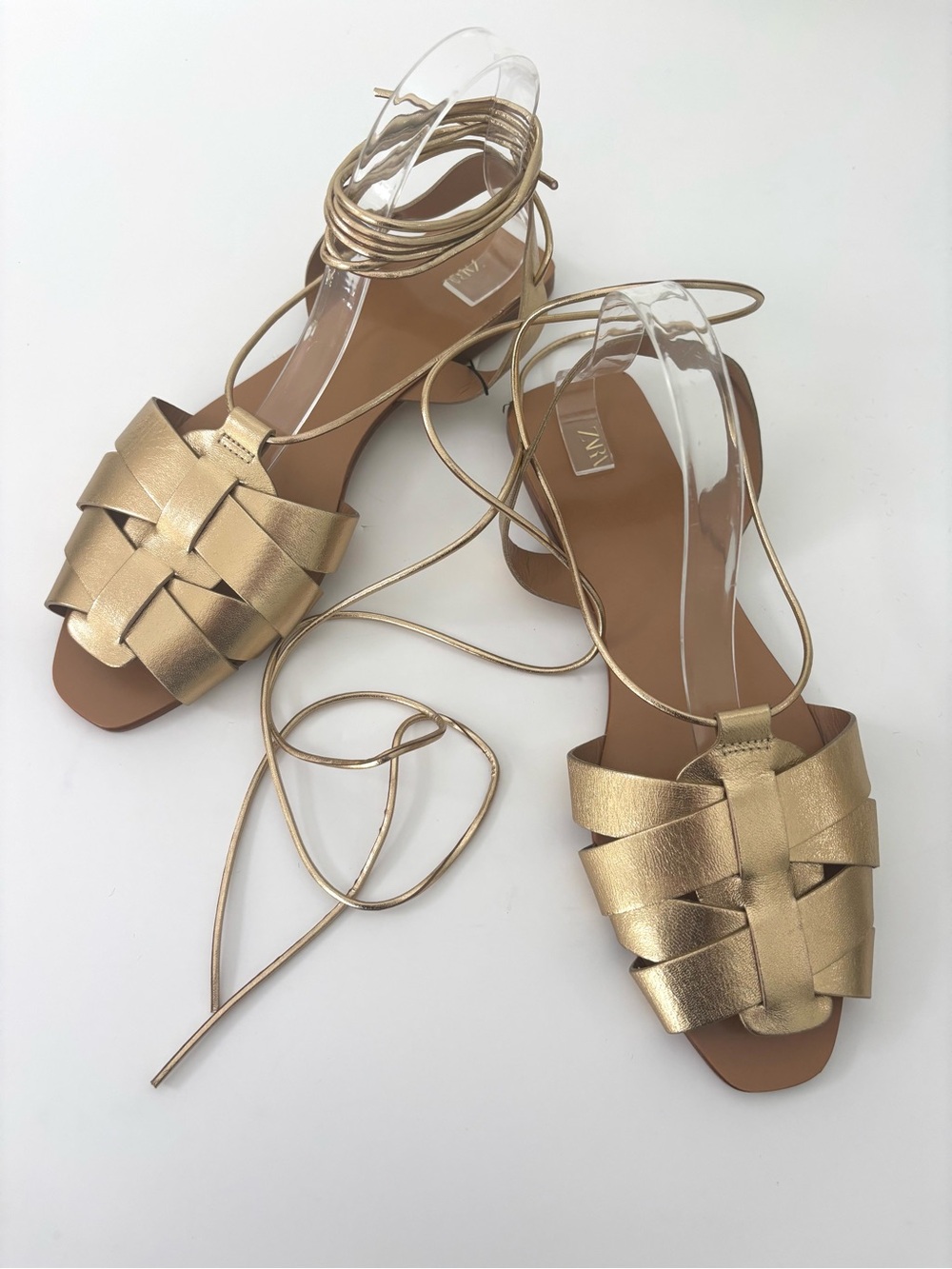 Zara Leather Fisherman Sandals NWT Delicate Lace-Up Gold Metallic Size 40